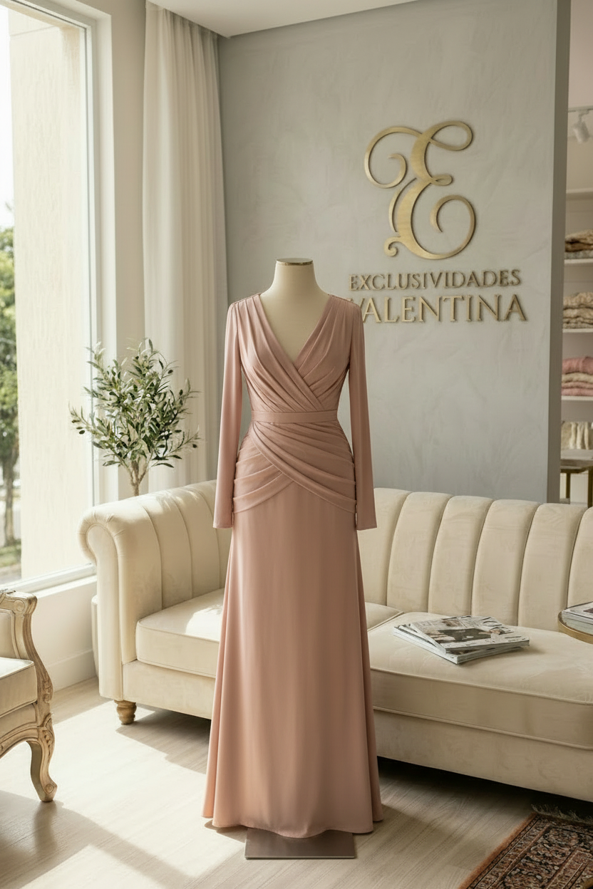 Vestido Rosa Palo Gala Escote V Manga Larga Drapeado cod.V581