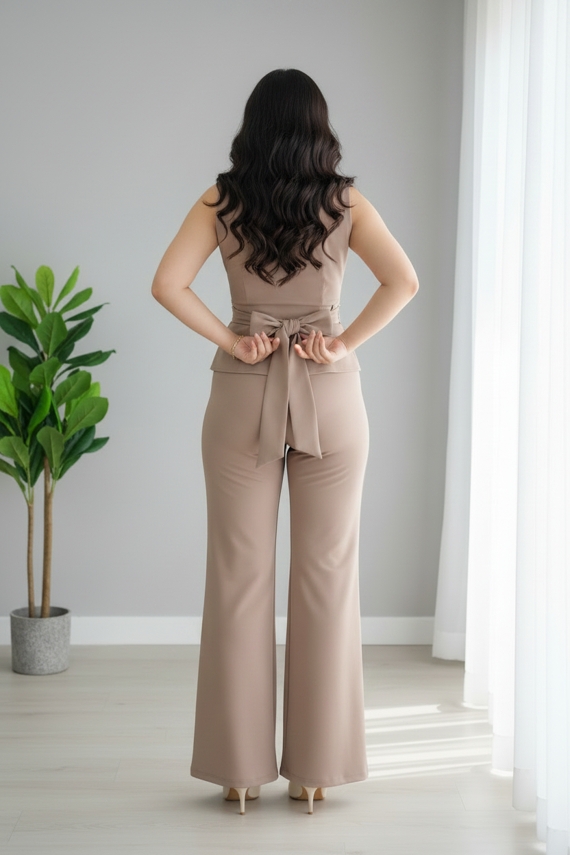 Conjunto taupe  Rosa 3D Perlas + Palazzo cod.C585