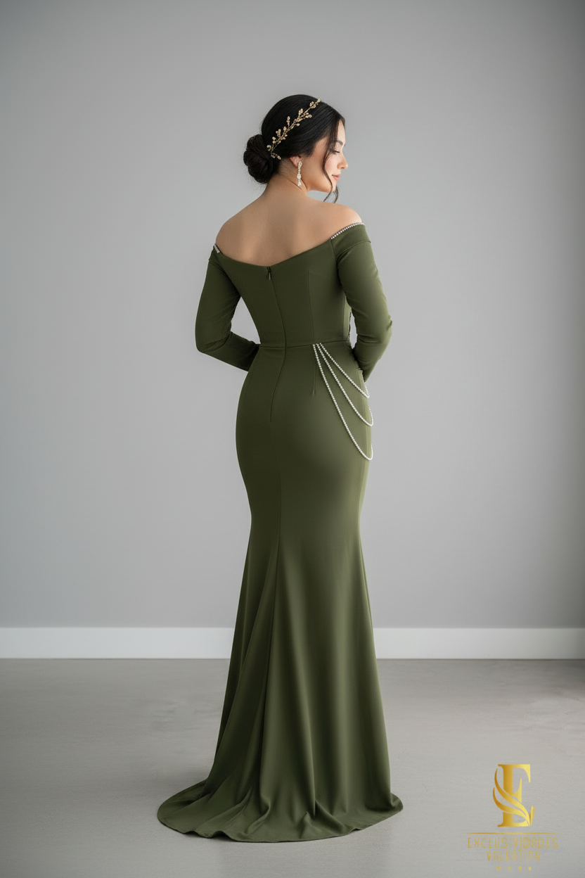 Vestido Verde Olivo Sirena Off-Shoulder Manga Larga con Cadenas de diamantes cod.0071