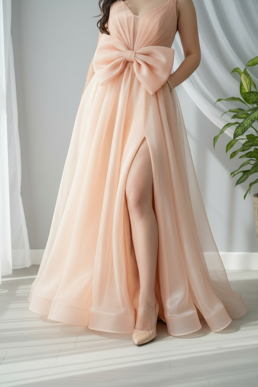 Vestido Melocotón Organza Maxi con Lazo Oversized y Abertura Frontal cod.984