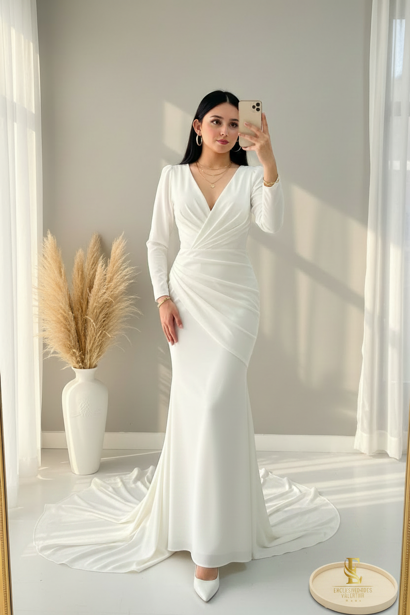 Vestido Blanco Satinado Sirena Escote V Cruzado cod.00174