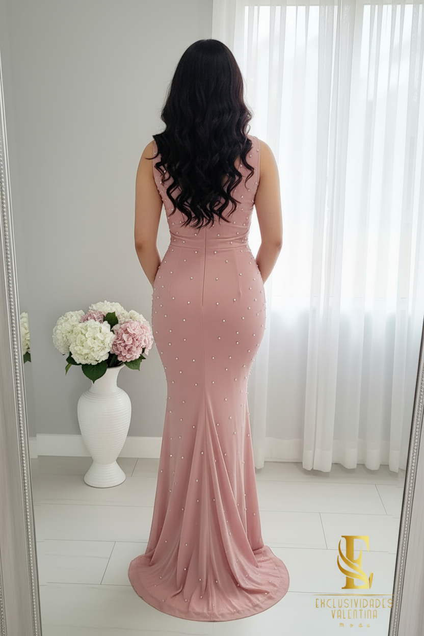 Gown Rosa Perlas Sirena cod.V738