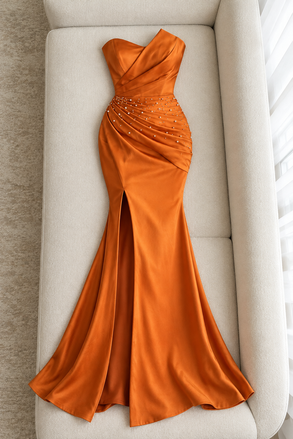 Vestido largo naranja strapless drapeado con abertura cod. VC020