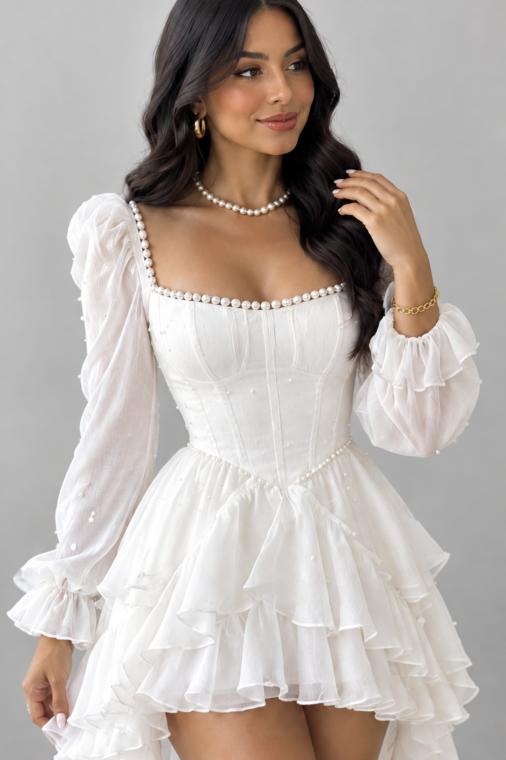 Vestido Novia Blanco Corset Perlas Mangas Tul Puff Falda Alta Baja Capas cod.V0037