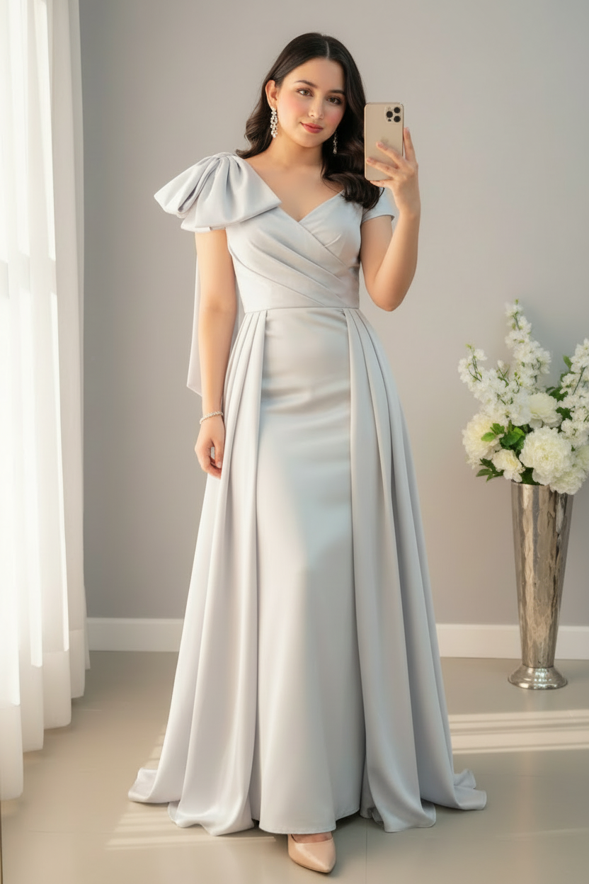 Vestido Gris Plateado Manga Abullonada Escote V Cruzado Falda A-Line — Gala y Eventos de Lujo cod.0071