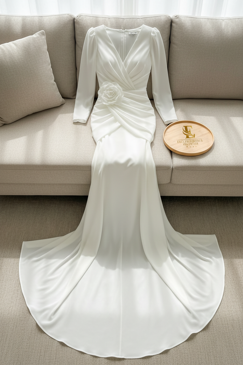Vestido Blanco Nupcial Manga Larga Sirena con Rosa D cod.970