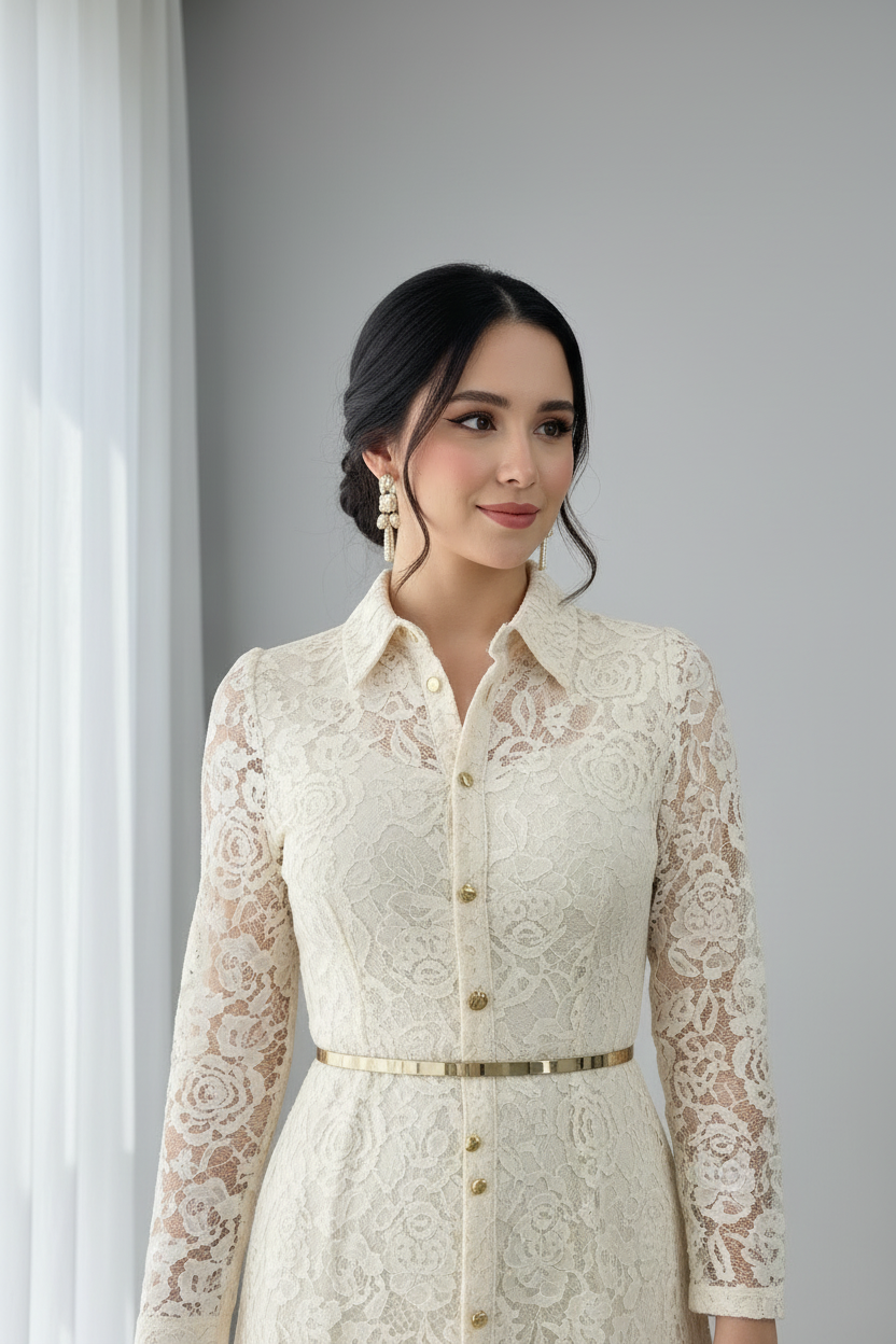 Vestido Encaje Crema — Botones Dorados  cod.857