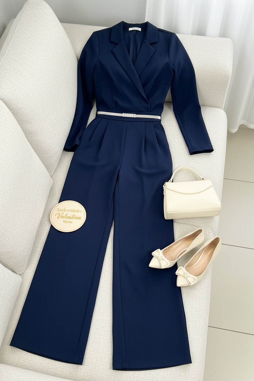 Conjunto 2 Piezas Azul Marino Top Cruzado Manga Larga y Palazzo cod.00139