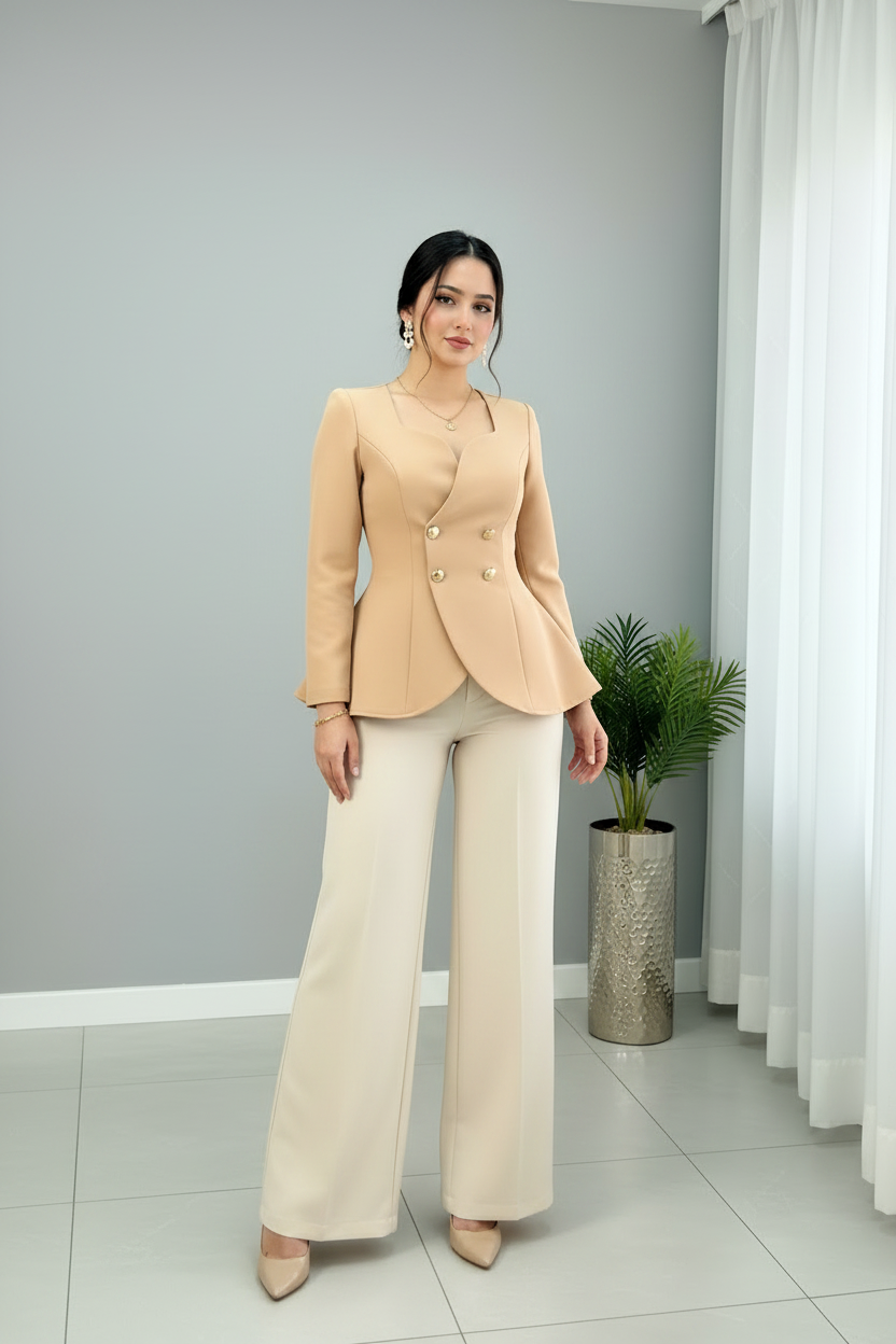 Conjunto Dos Piezas Camel — Blazer Peplum & Pantalón Palazzo cod.874