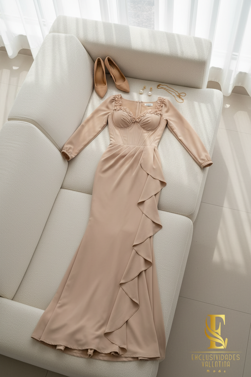 Vestido Champagne Manga Larga con Corset y Flores D cod.V280