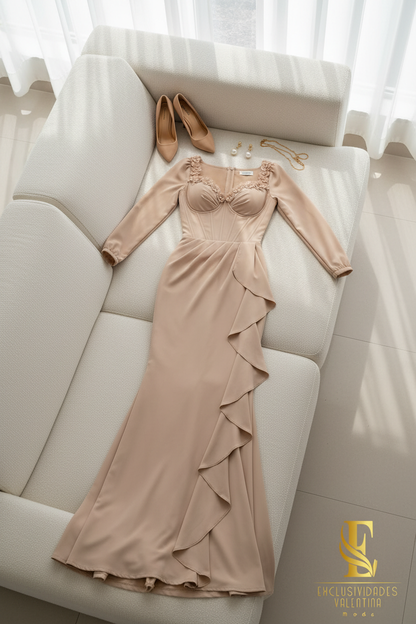 Vestido Champagne Manga Larga con Corset y Flores D cod.V280