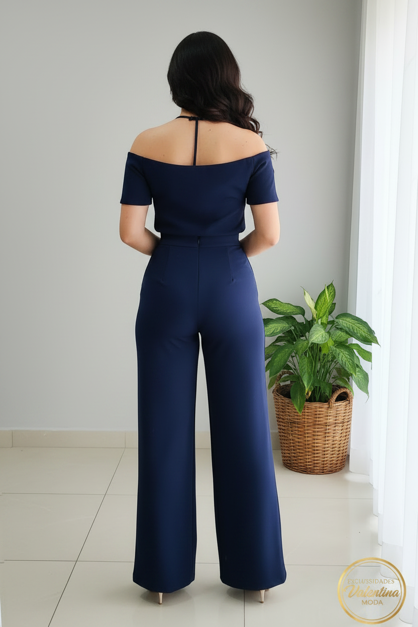 Jumpsuit Azul Marino Off-Shoulder Halter Keyhole y Palazzo cod.00141