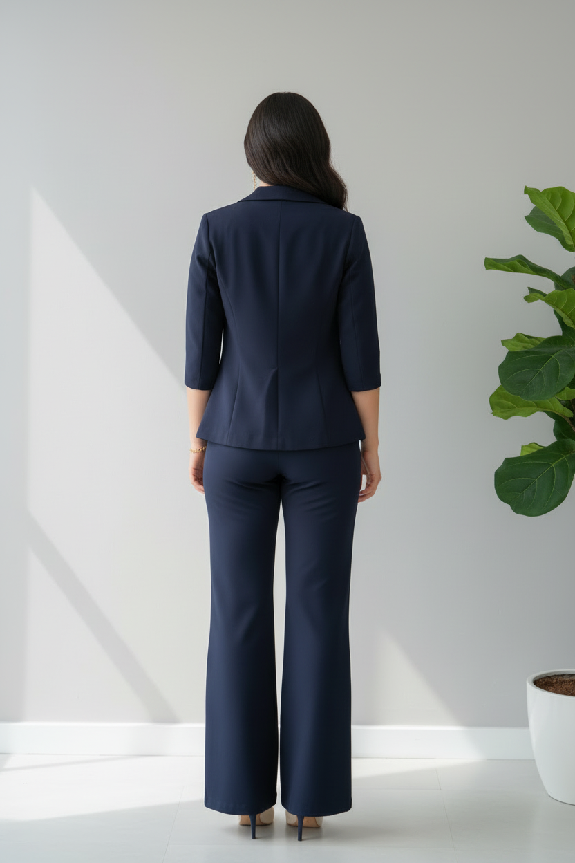 Conjunto Azul Marino Blazer con Corset Strapless y Pantalón Acampanado cod.652