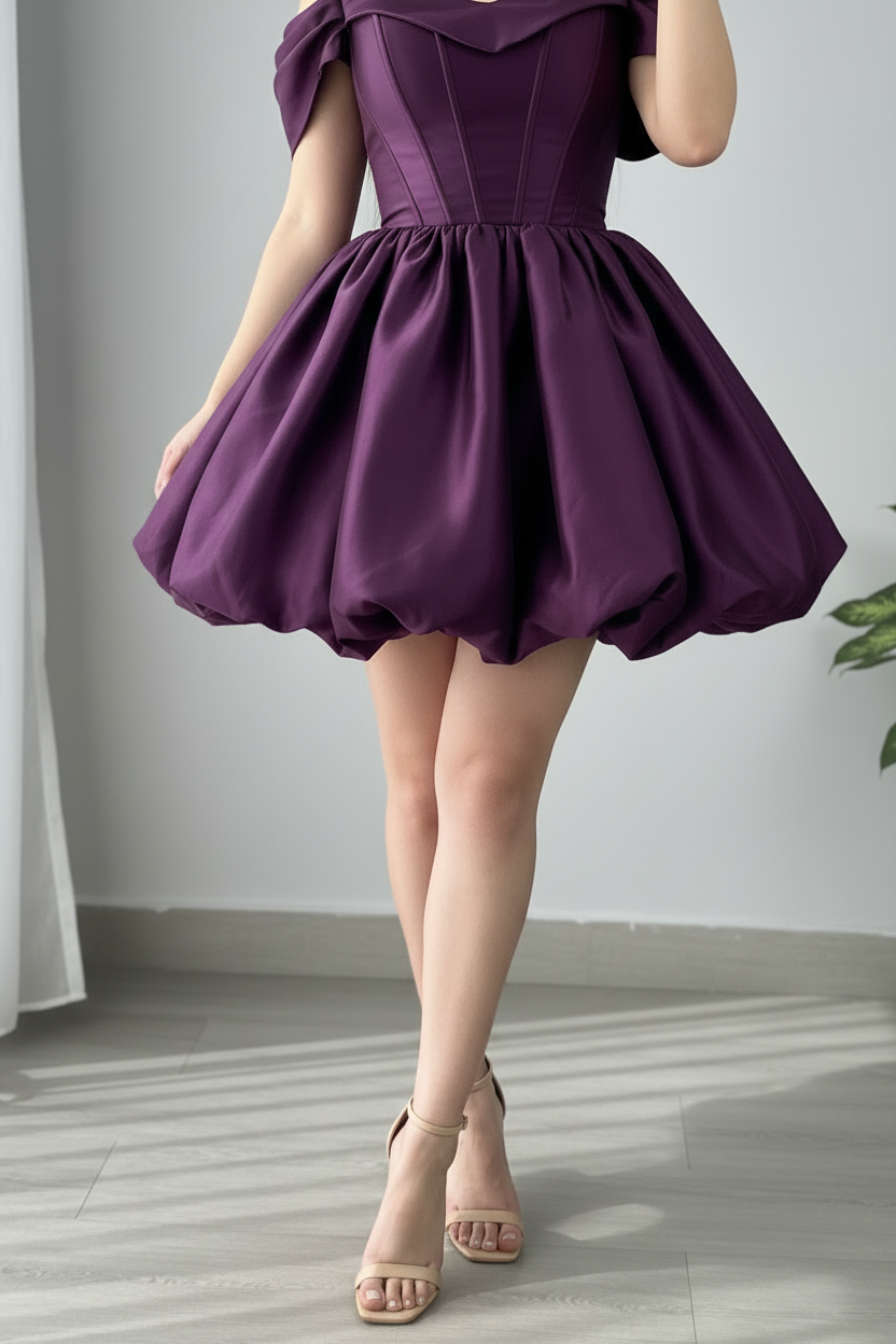 Vestido Morado Uva Off-Shoulder Corsé con Falda Bubble cod.975