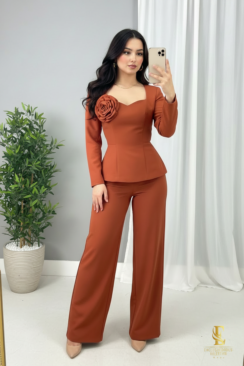 Conjunto Terracota — Blazer Peplum Rosa 3D & Palazzo cod.0035