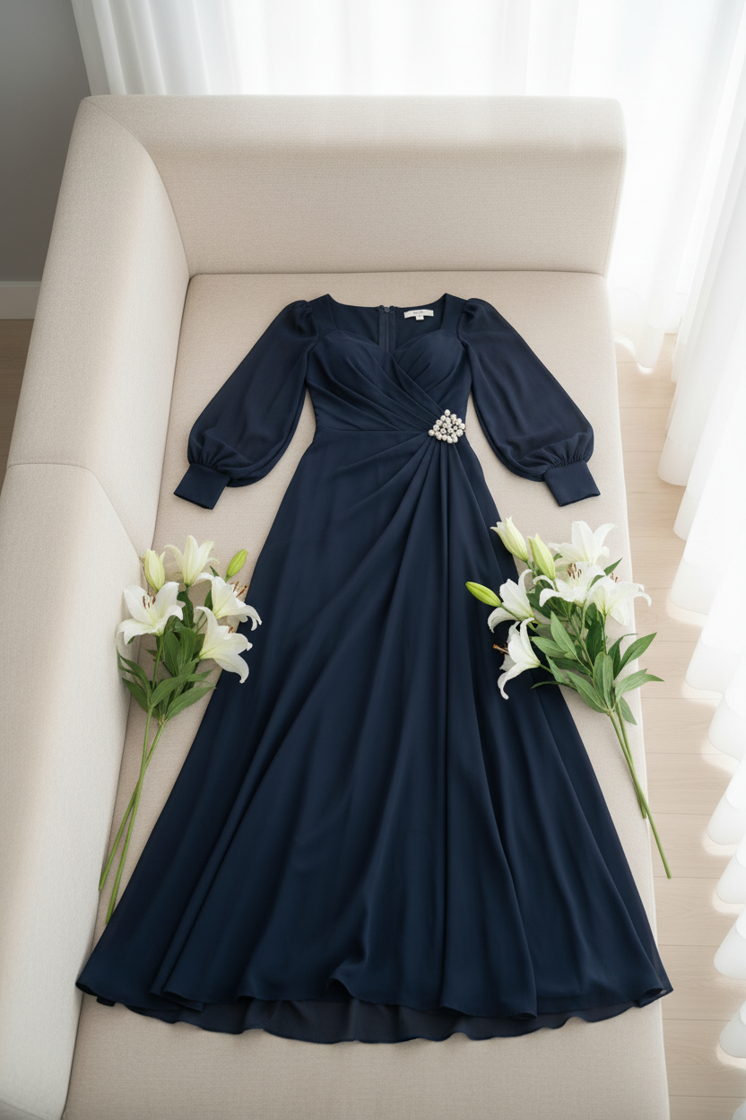 Vestido azul marino manga larga gasa C.1929