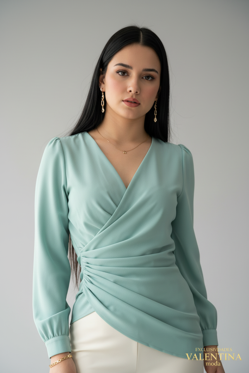Conjunto Blusa Menta Wrap Manga Globo y Pantalón Palazzo Blanco cod.C554