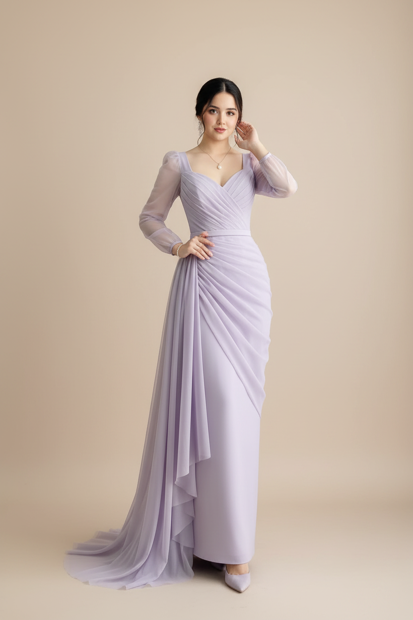 Vestido Lila Lavanda — Escote V Cruzado, Manga Tul & Drapeado en Cascada cod.885