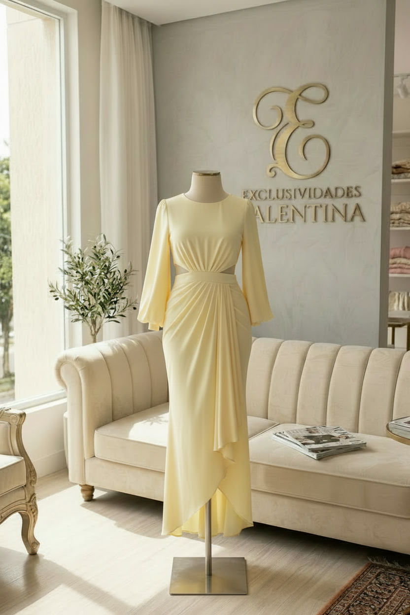 Vestido Amarillo Pastel Gala Mangas Bishop Cut-Out Drapeado cod.V582
