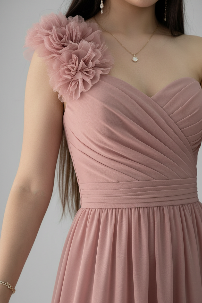 Vestido Rosa Palo — Un Hombro con Flores 3D y Falda A-Line cod.V627