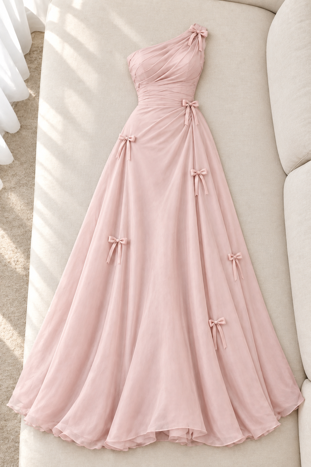 Vestido rosa palo de un hombro drapeado con lazos cod. VC005