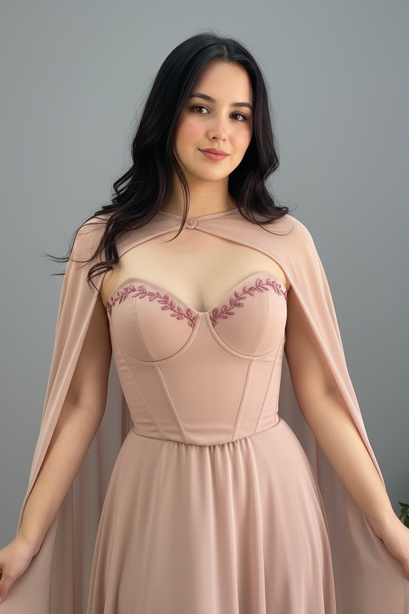 Vestido Rose Cape – Gown Rosa Palo con Capa & Bordado Floral cod.675