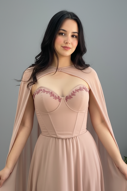 Vestido Rose Cape – Gown Rosa Palo con Capa & Bordado Floral cod.675