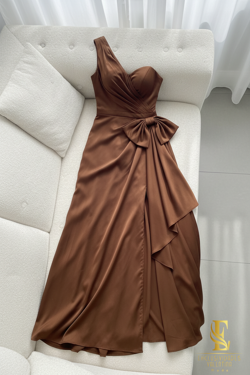 Vestido Chocolate One Shoulder Bow A-Line cod.V232