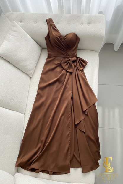 Vestido Chocolate One Shoulder Bow A-Line cod.V232
