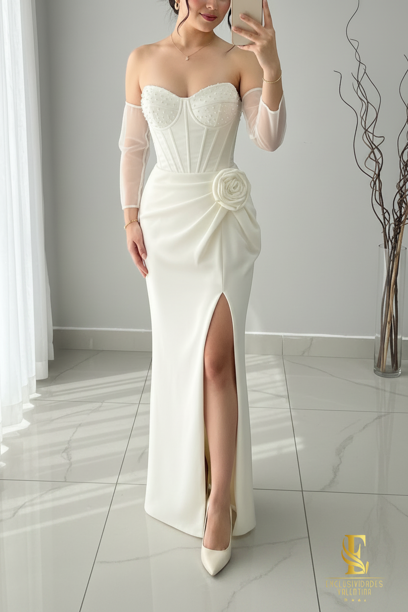 Vestido Blanco Off-Shoulder Corset con Rosa 3D y Abertura cod.V287