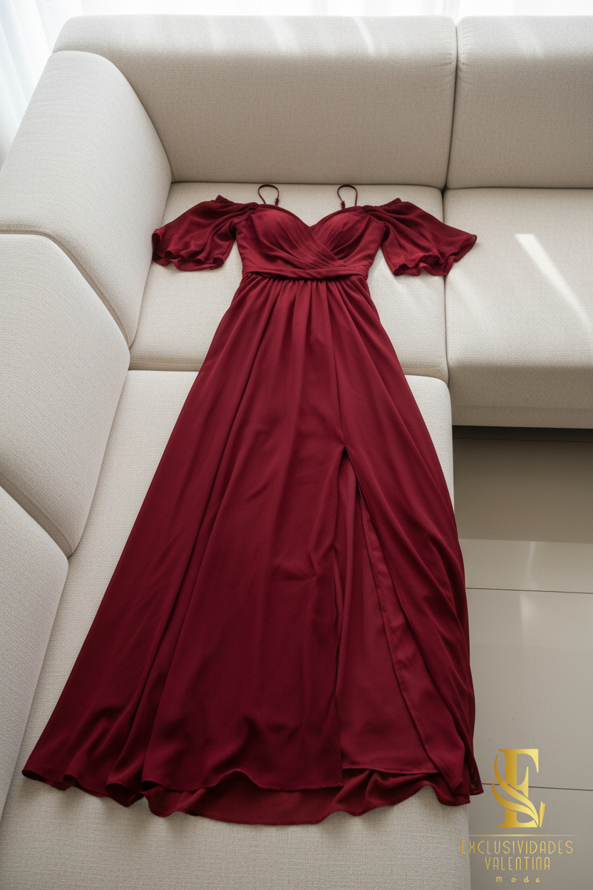 Vestido Rojo Vino Off-Shoulder V340