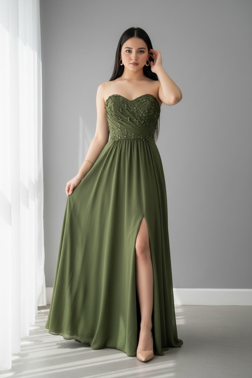 Vestido Verde Olivo Bordado Floral con Abertura cod.V642