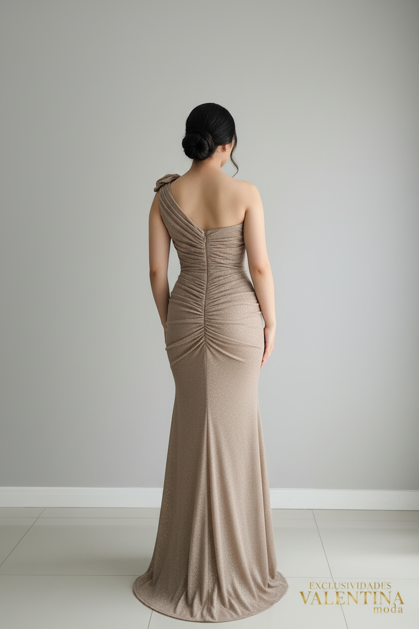 Vestido Sirena Taupe Dorado Un Hombro con Rosa Espiral cod.V254