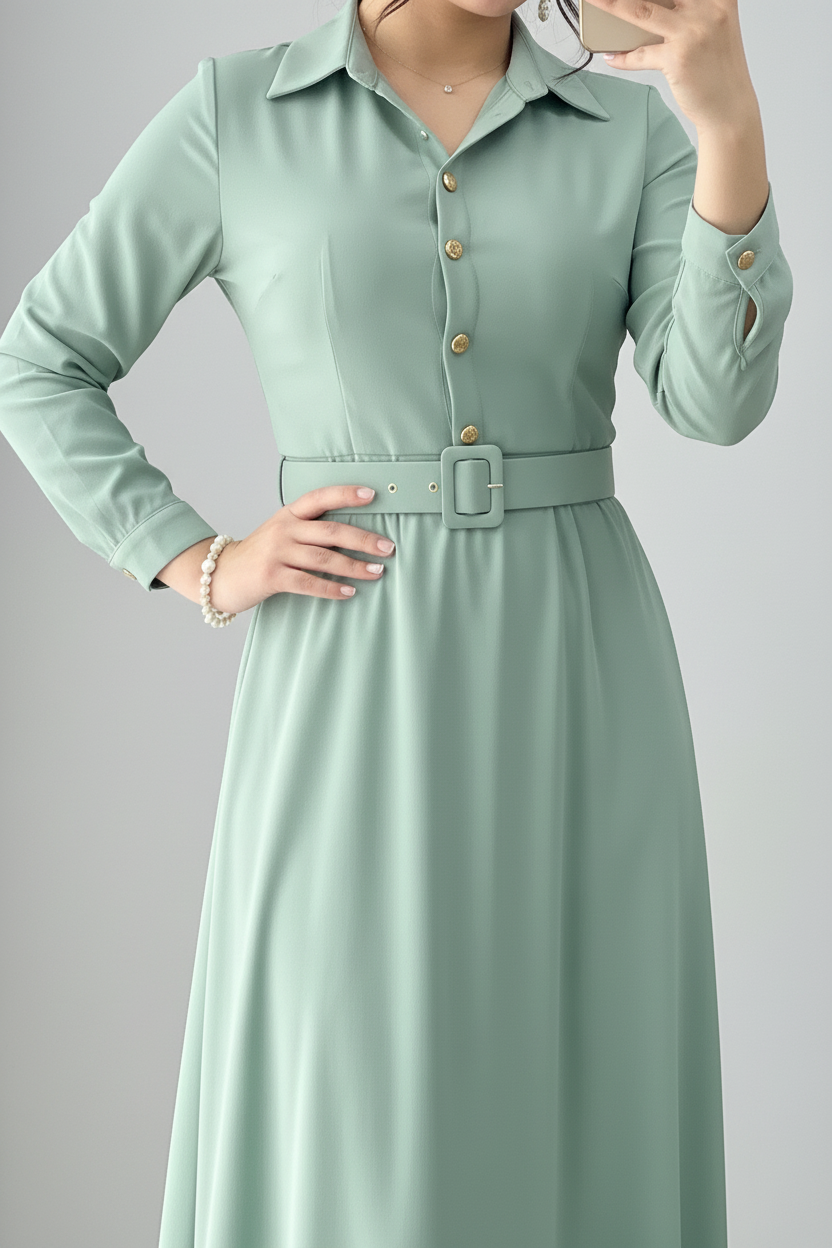 Vestido Verde Menta Liso Manga Larga Cuello Camisero Cinturon A-Line cod.825