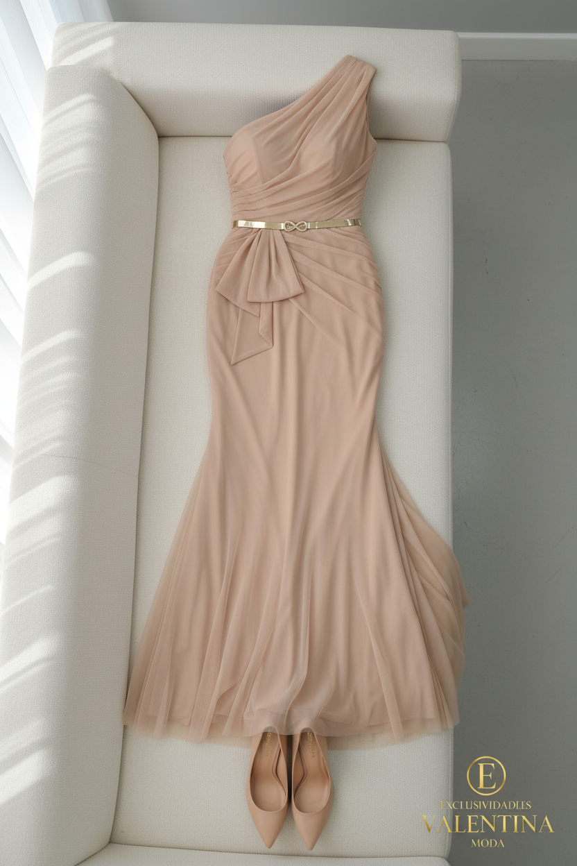 Vestido Sirena Champagne Un Hombro Tul Drapeado Lazo cod.V405