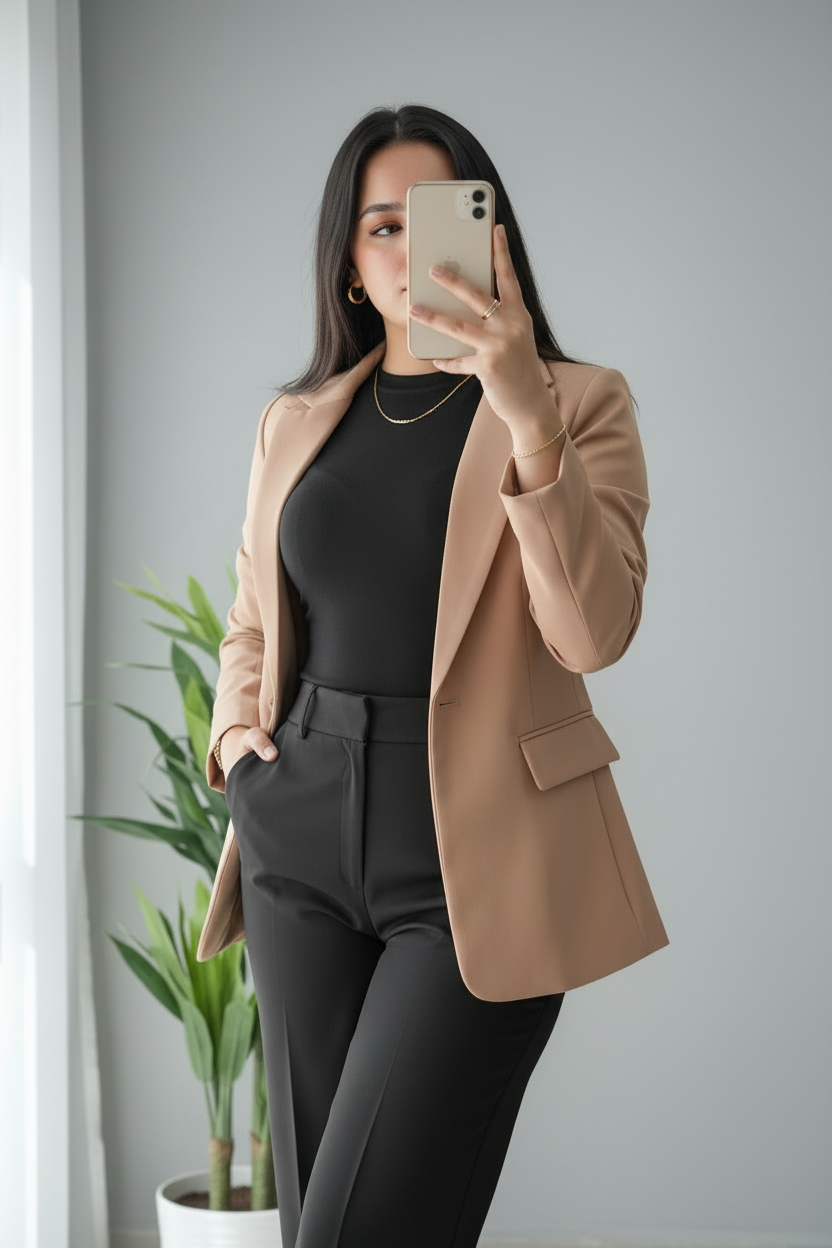 Conjunto 3 Piezas Blazer Camel Top Negro y Pantalón Acampanado Negro cod.769