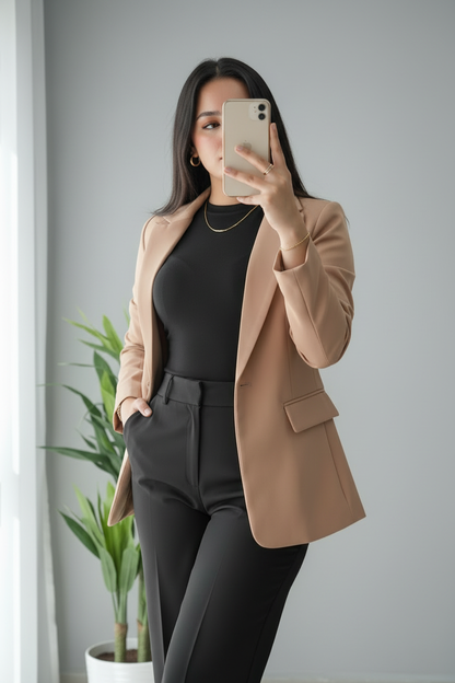Conjunto 3 Piezas Blazer Camel Top Negro y Pantalón Acampanado Negro cod.769