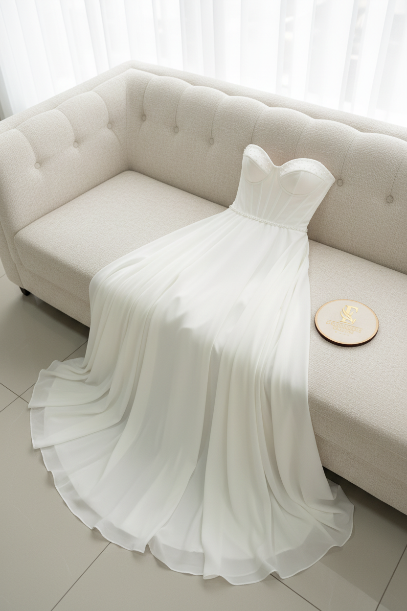 Vestido Blanco Strapless Corset Chiffon Fluido cod.V391