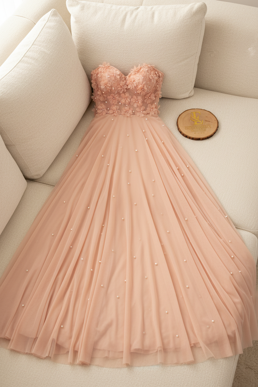 Vestido Rosa Blush Strapless Escote Corazon Flores 3D Perlas Falda A-line Tul Espalda Corset cod.846