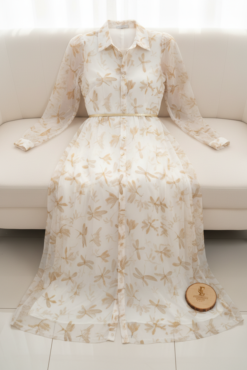 Vestido Libélulas Doradas — Chiffon Botones & Manga Larga cod.80