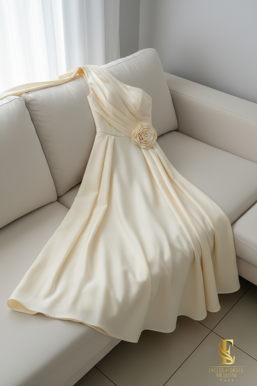 Vestido Crema Un Hombro Rosa cod.V330
