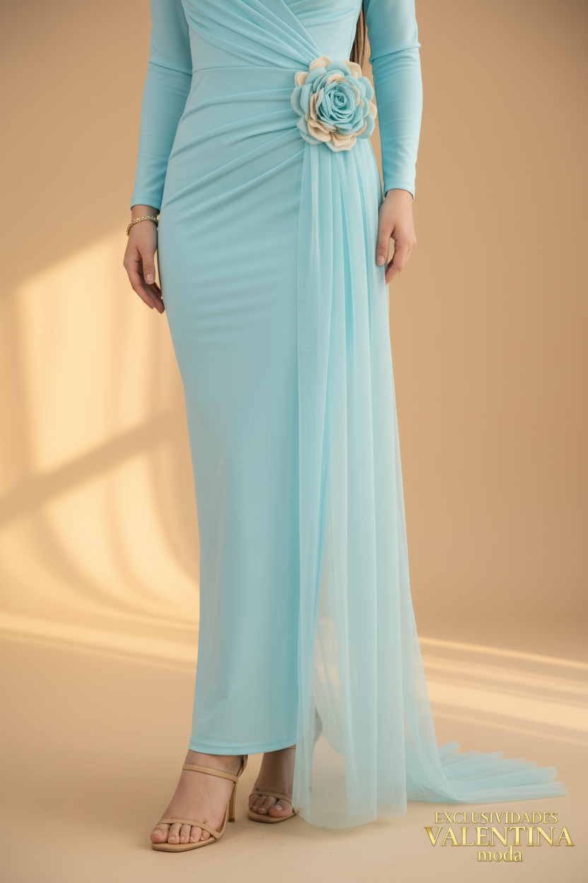 Vestido Largo Turquesa Flor 3D Bicolor Panel Tul cod.V717