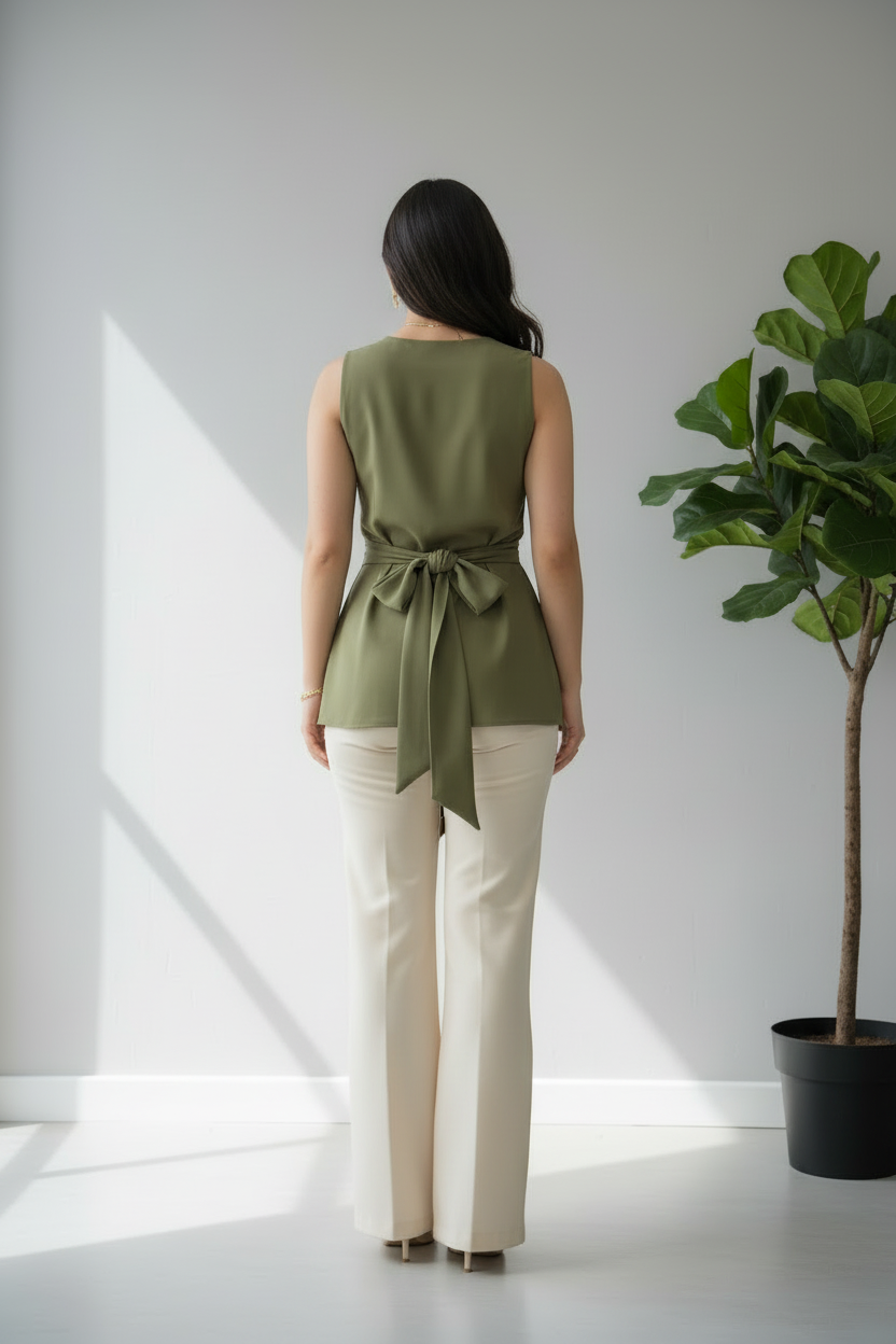 Blusa Verde Oliva Drapeada Asimétrica con Rosa D cod.651