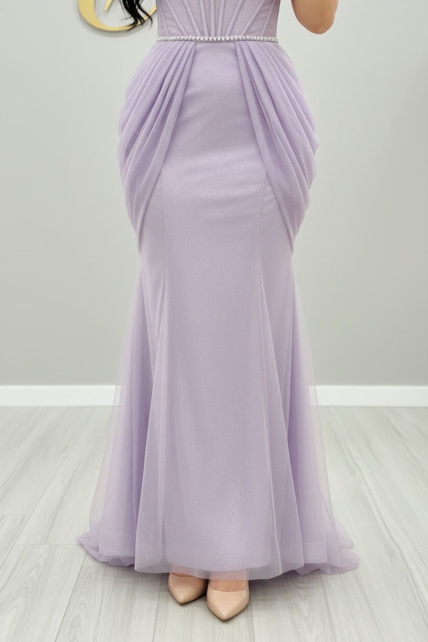 Vestido Lila — Corset de Tul con Drápado Pétalos y Sirena cod.V622