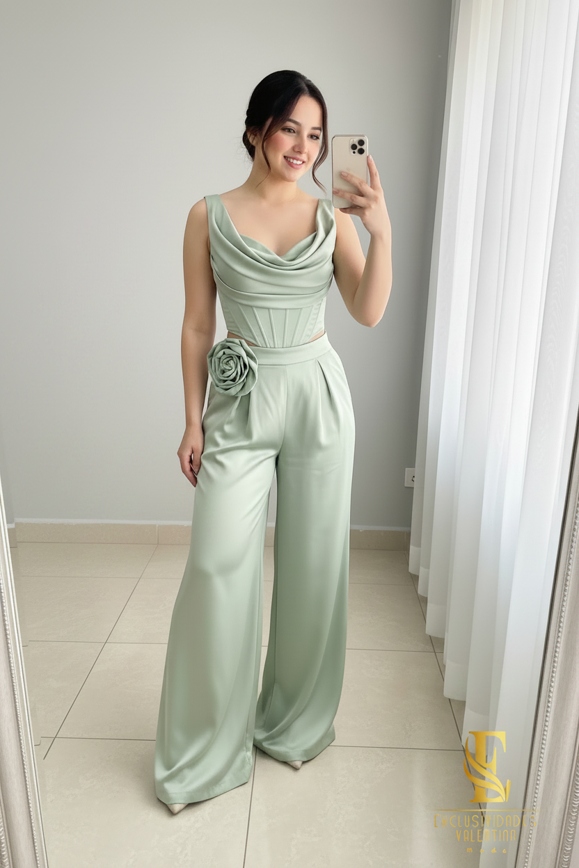 Conjunto Verde Menta | Top Corsé con Rosa 3D y Palazzo cod.C442