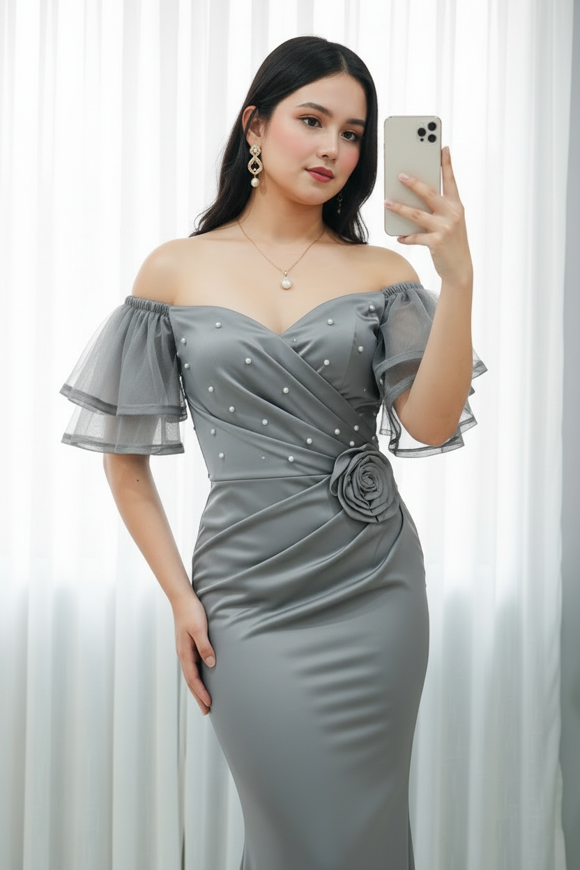 Vestido Gris Plateado Off-Shoulder Mangas Tul Dobles Perlas Rosa 3D y Falda Sirena cod.777