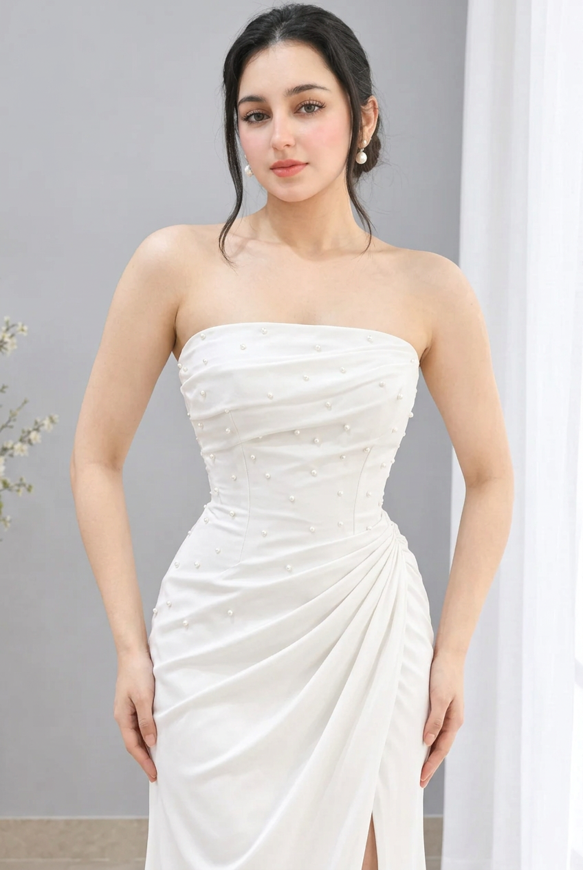 Vestido largo blanco strapless drapeado con abertura y espalda corsé cod. VC030