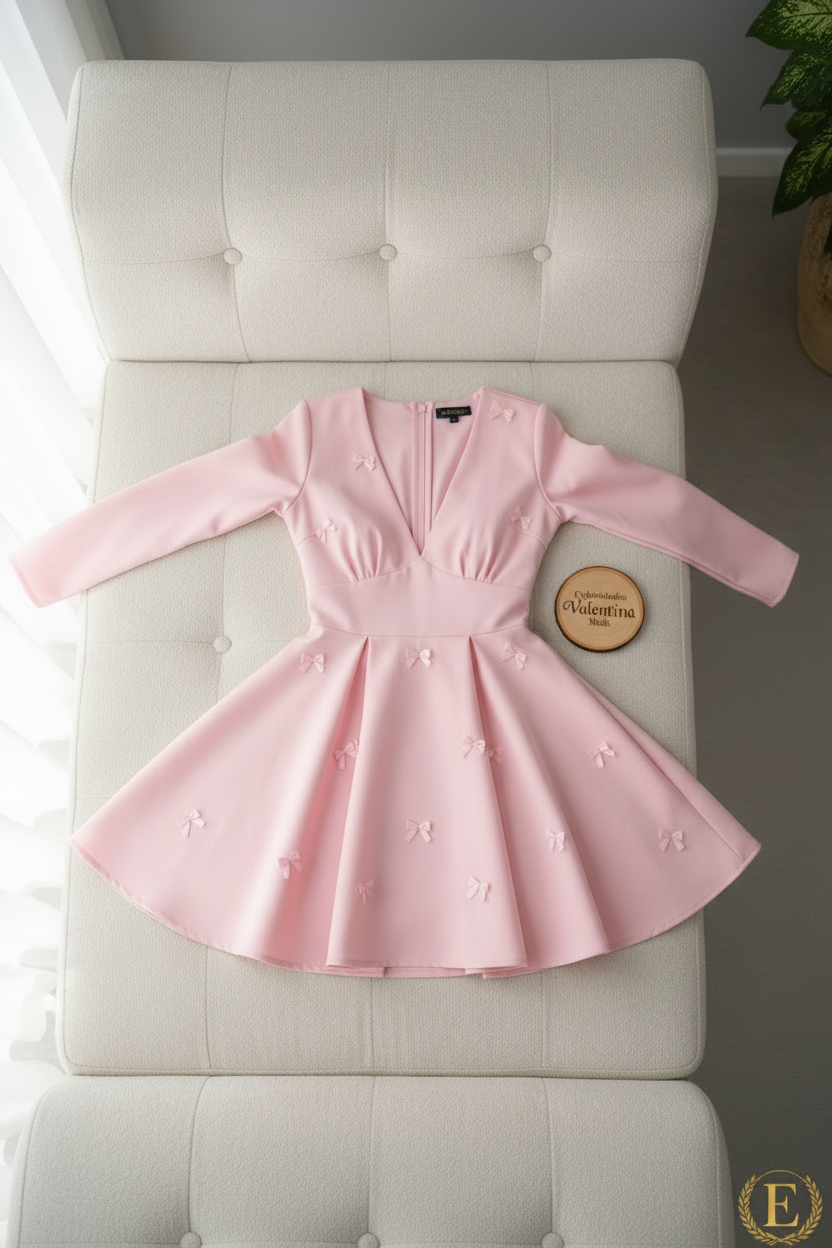 Vestido Rosa Baby Escote V Manga Larga Falda Skater Lazos 3d cod.939
