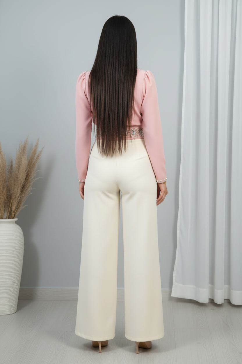 Conjunto Dos Piezas B. Rosa Cruzada y P. Crema con Cinturón Floral de Pedrería cod.C605