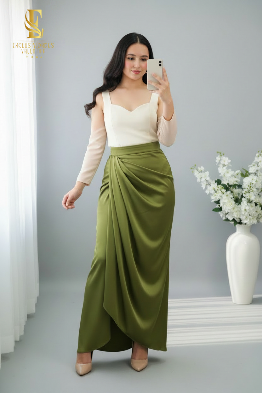 Falda Drapeada Verde Olivo |F-001